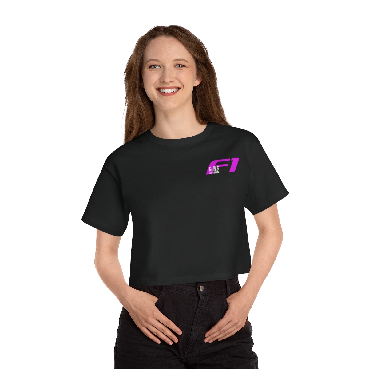 Girl Wearing Black Girls Just Wanna F1 Cropped T-Shirt